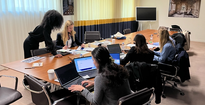 Women collaborating around a conference table, using laptops and documents, engaged in a consulting training or workshop in a professional office setting.