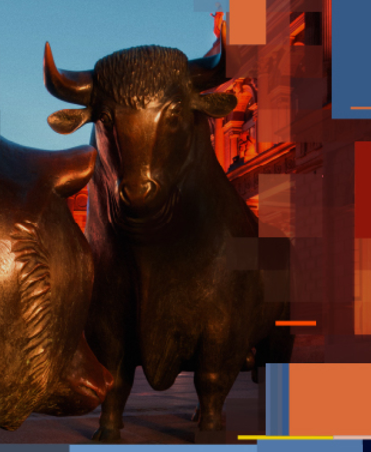A bronze bull statue is surrounded by blue and orange rectangular digital glitch blocks, creating a pixelated visual effect.