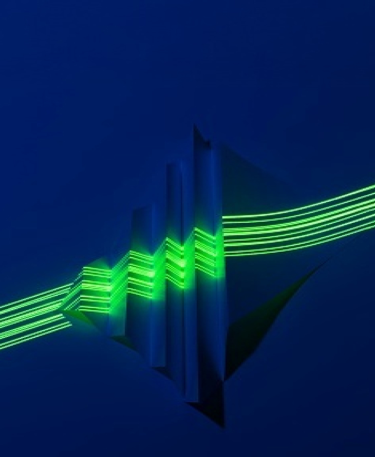 Refracted green lines of light over a blue background.