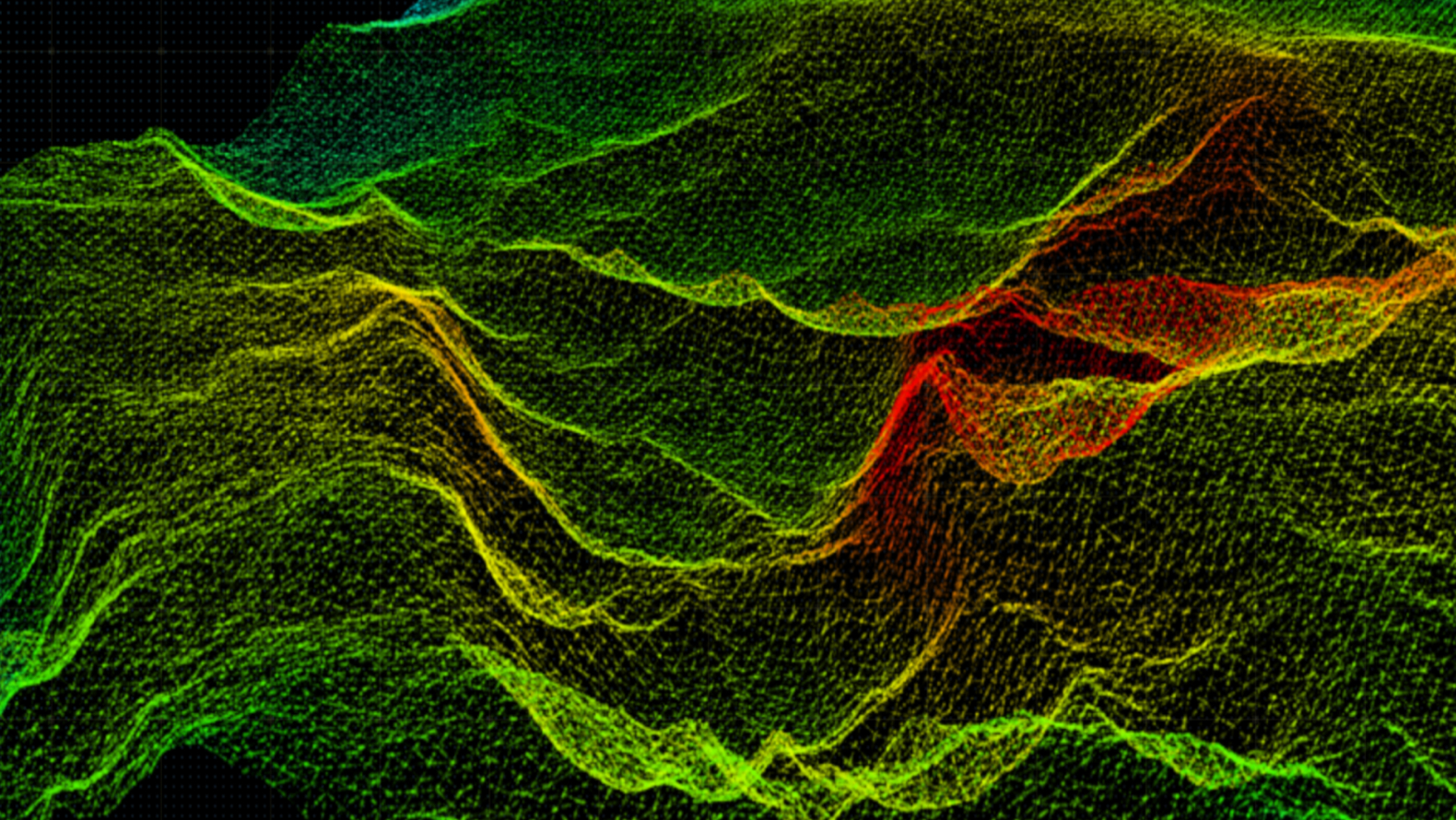 Digital 3D terrain visualization with green, yellow, and red wireframe contours representing elevation and depth.