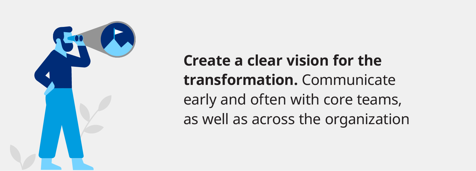 Create a clear vision for the transformation. Communicate early and often with core teams, as well as across the organization.