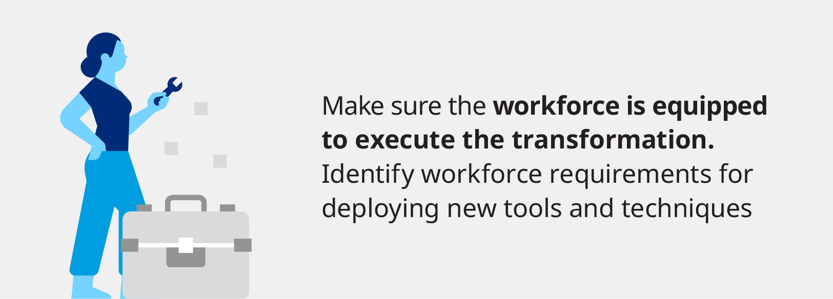 Make sure the workforce is equipped to execute the transformation. Identify workforce requirements for deploying new tools and techniques.