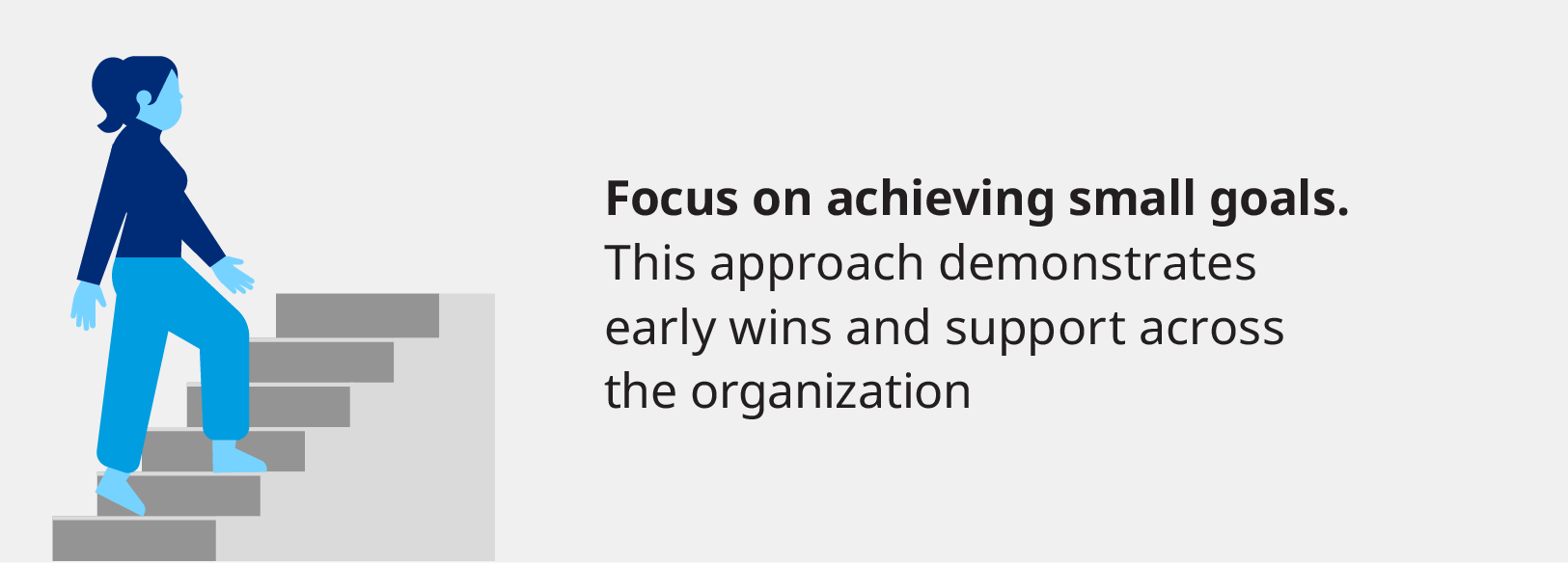 Focus on achieving small goals. This approach demonstrates early wins and support across the organization.