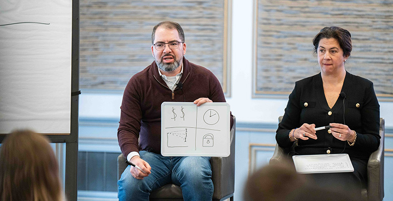 Photography of a man explaining a small board with drawings of a dollar sign, a clock, a chart and and a lock.