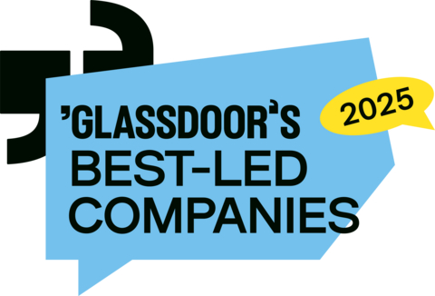Glassdoor's Best-Led Companies 2025, featuring bold text in a blue speech bubble with a yellow date tag