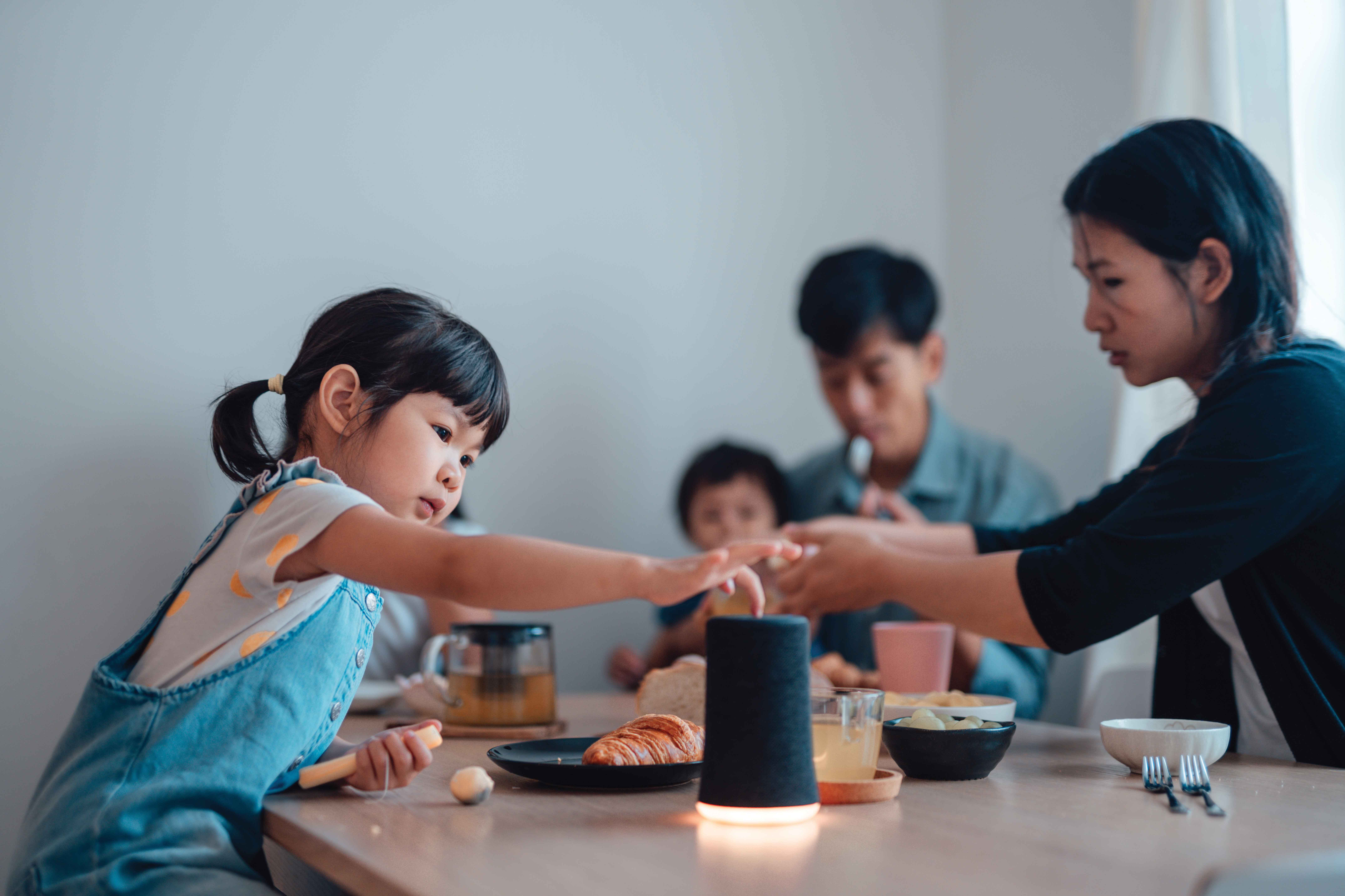 Picture that shows little girl touching a speaker at dinner table with family
